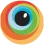 Een kleurrijk oog met ringen in groen, blauw en oranje en een donkere pupil in het midden.