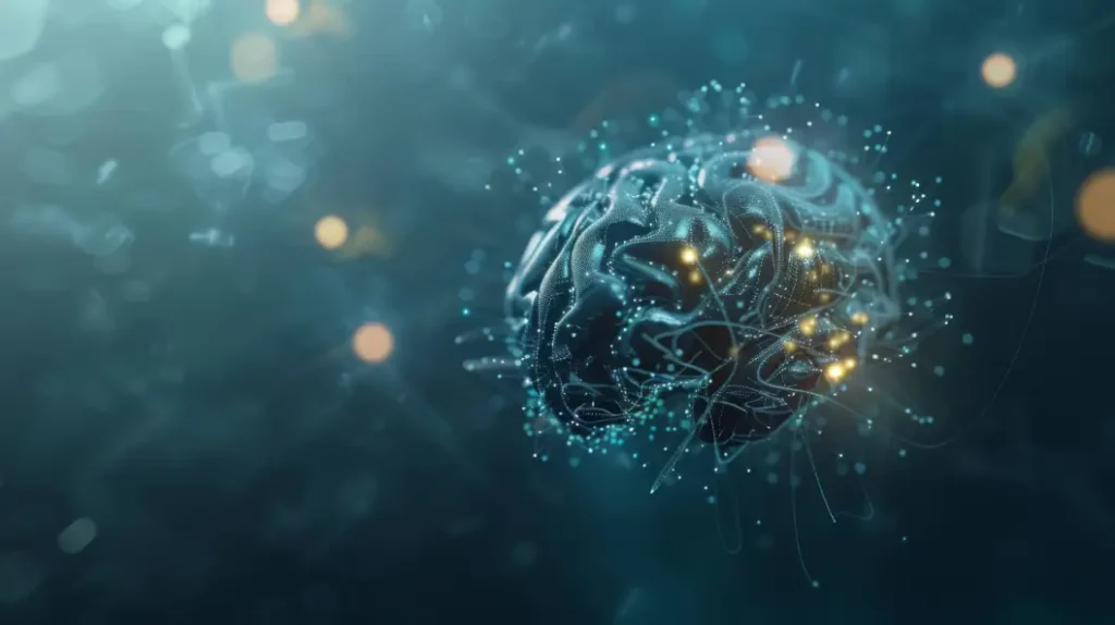 Abstracte digitale afbeelding van een brein met glinsterende punten en lijnen op een donkere achtergrond