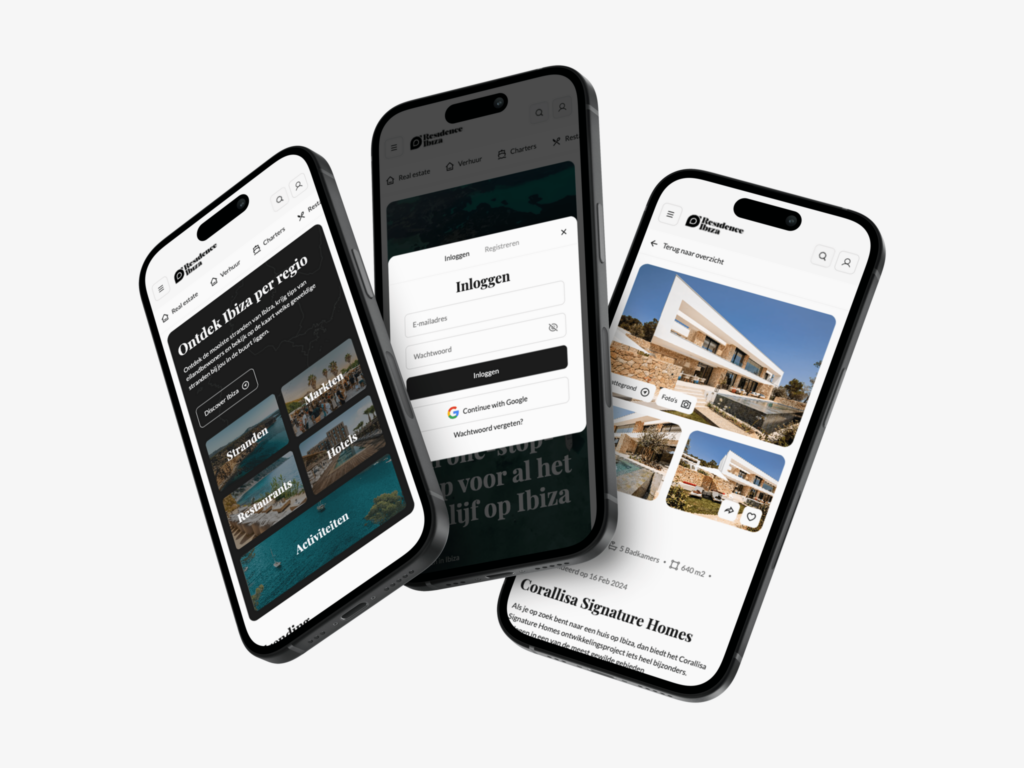 Drie smartphones naast elkaar met Ibiza-website: categorieën, inlogscherm en vastgoeddetails