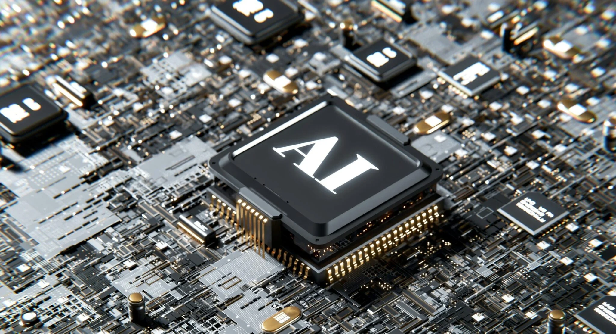 Close-up van een computerchip met grote witte letters AI en meerdere kleinere chips op een printplaat