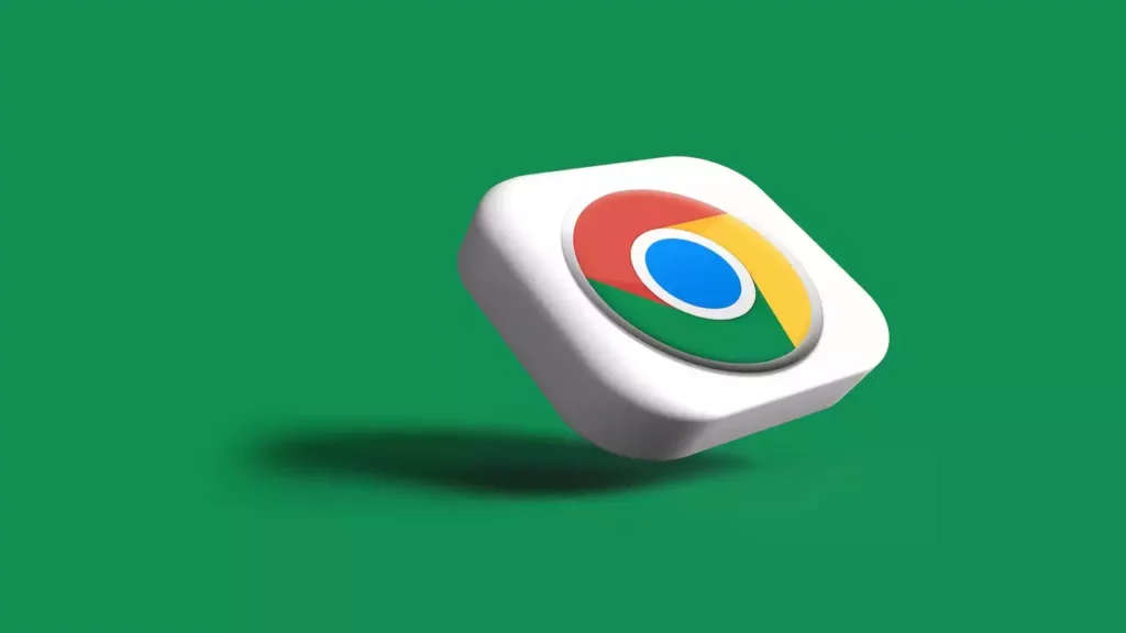 Gestileerd Google Chrome logo met vier kleuren op witte achtergrond en groene rand met schaduw