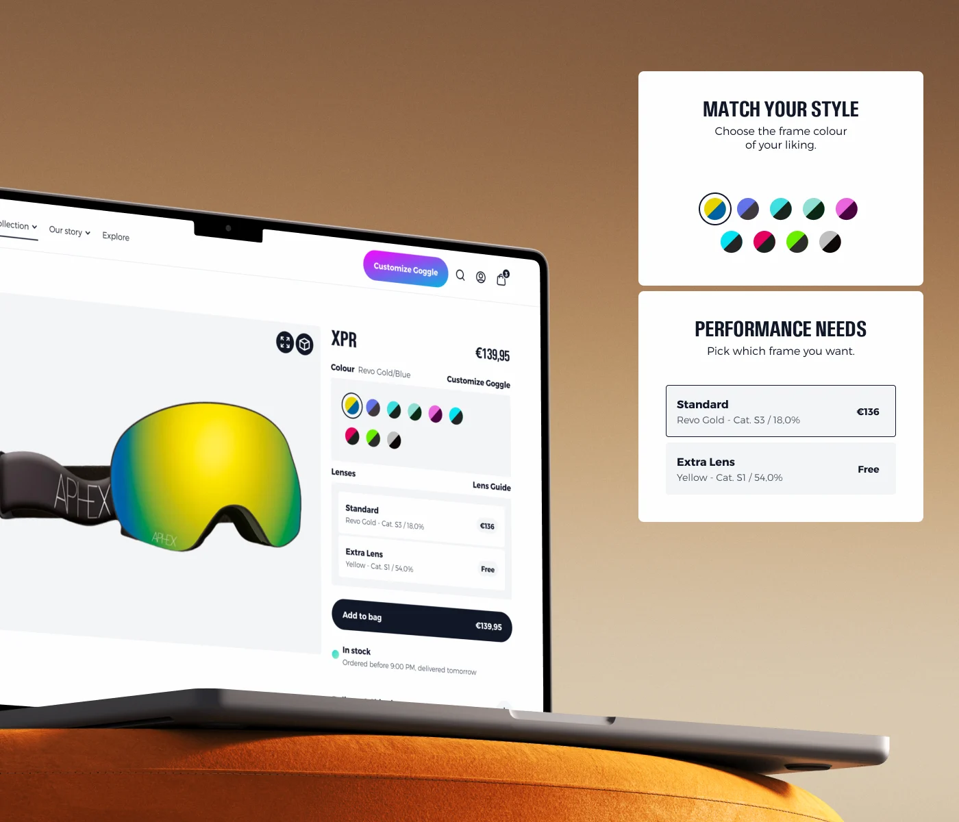 Productpagina van een website met een zwarte skibril met reflecterende lens en kleurkeuze opties