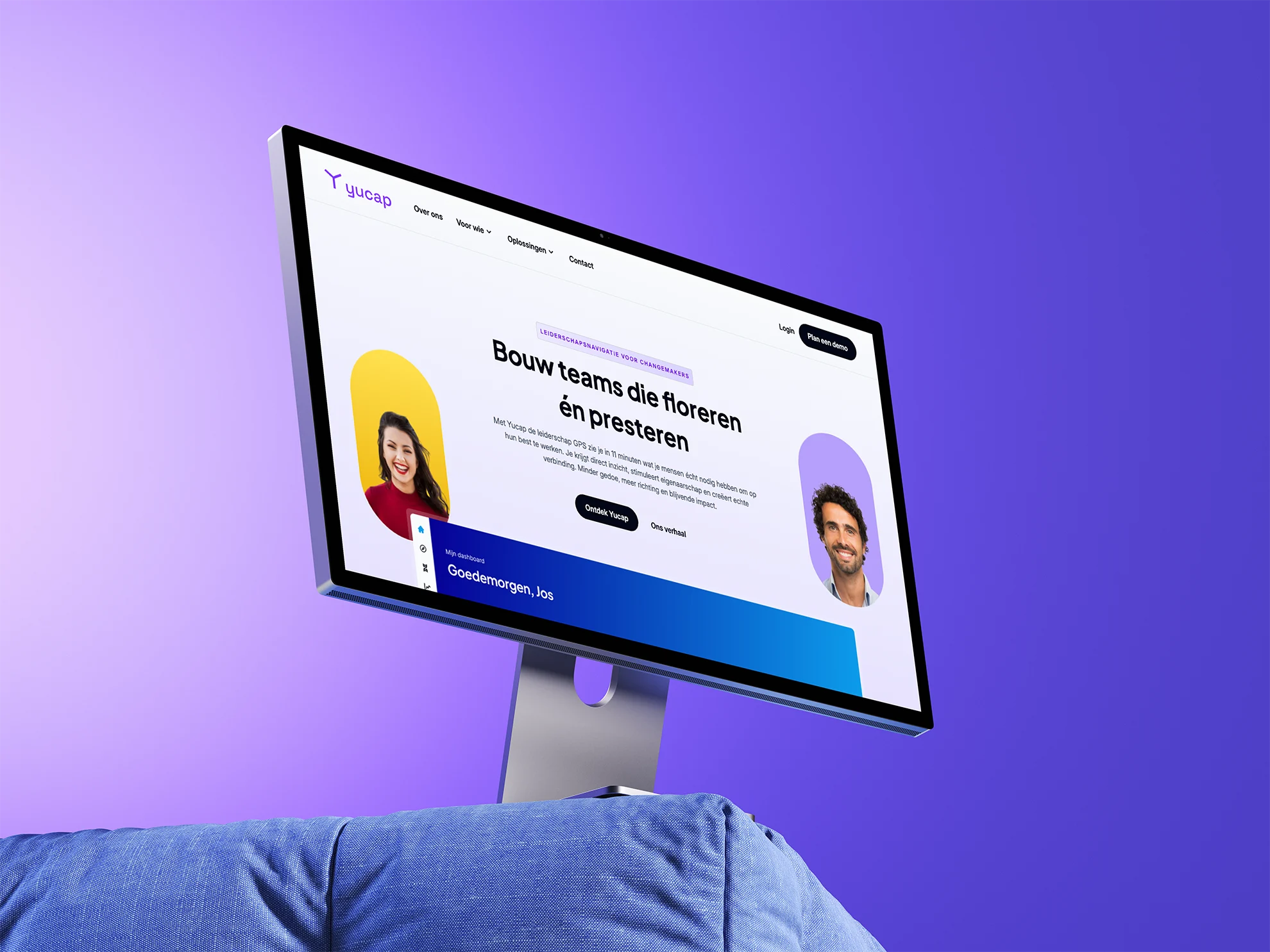 Moderne computermonitor toont Yucap website met teksten over teams bouwen en leiderschap